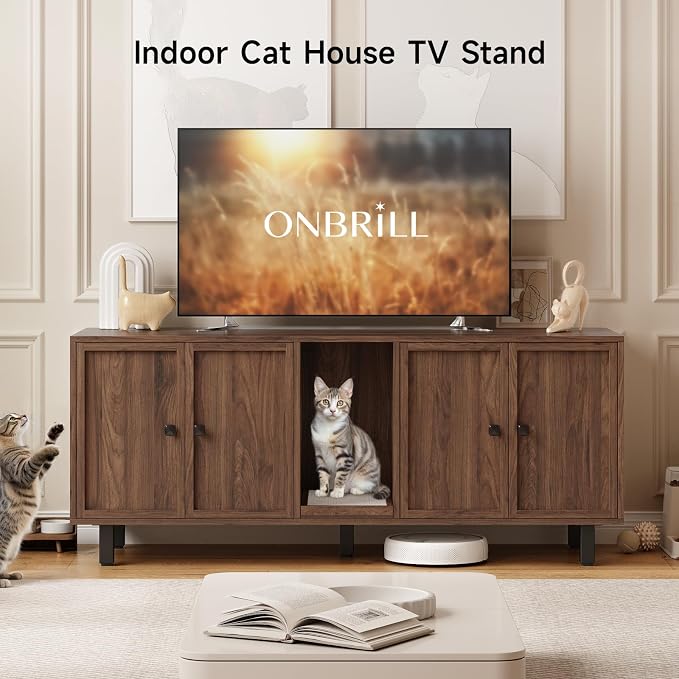 ONBRILL 63 Inches Cat Litter Box Enclosure for 2 Cats, Hidden Litter Boxes Furniture with Cat Scratch Pad, Large Indoor Pet House with Double Room, Wooden TV Stand Side Table, Walnut - Image 3