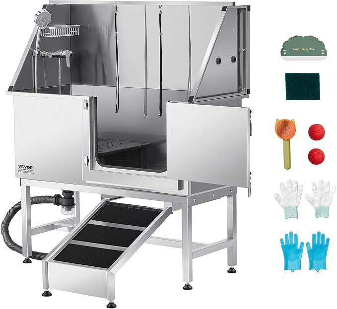 VEVOR Stainless Steel Dog Washing Station, 50 inch Pet Grooming Tub w/Ramp, PE Water Filter Board, Faucet & Showerhead & Soap Holder Dog Bathtub for Large & Medium & Small Pets (Right Door) by VEVOR