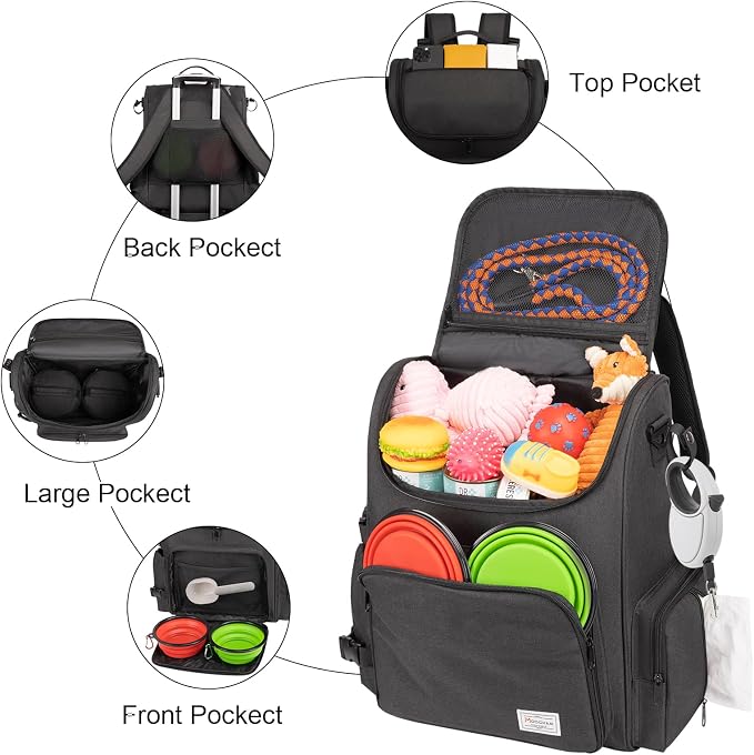 Modoker Multi-Compartment Dog Travel Backpack for Pet Supplies, Black | Dog Travel Accessories Organizer with 2 Food Bags, 2 Bowls, Quick-Access Pockets, Tissue Opening, Luggage Sleeve, Feeding Mat - Image 3