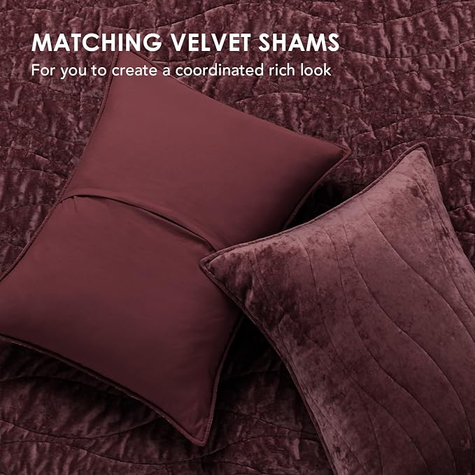 EverGrace Luxury Wave Crushed Velvet Quilt Set, King Size, Burgundy | Luxurious Soft, Lightweight Velvet Comforter, Cozy Plush Oversized Bedspread Coverlet for All Season, with 2 Shams - Image 6