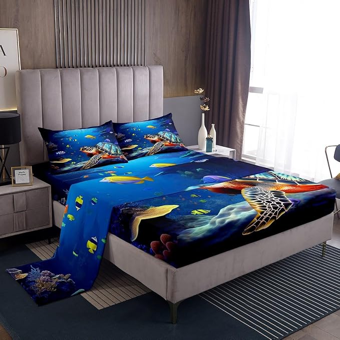 Coastal Beach Theme Kids Printed Sheet Set Queen Deep Pocket,Sea Turtle Sheets & Pillowcase Sets,4 Piece Ultra Soft Fish Summer Cool Microfiber Bed Sheets+Reptile Flat Sheet+ Ocean Fitted Sheet by Erosebridal