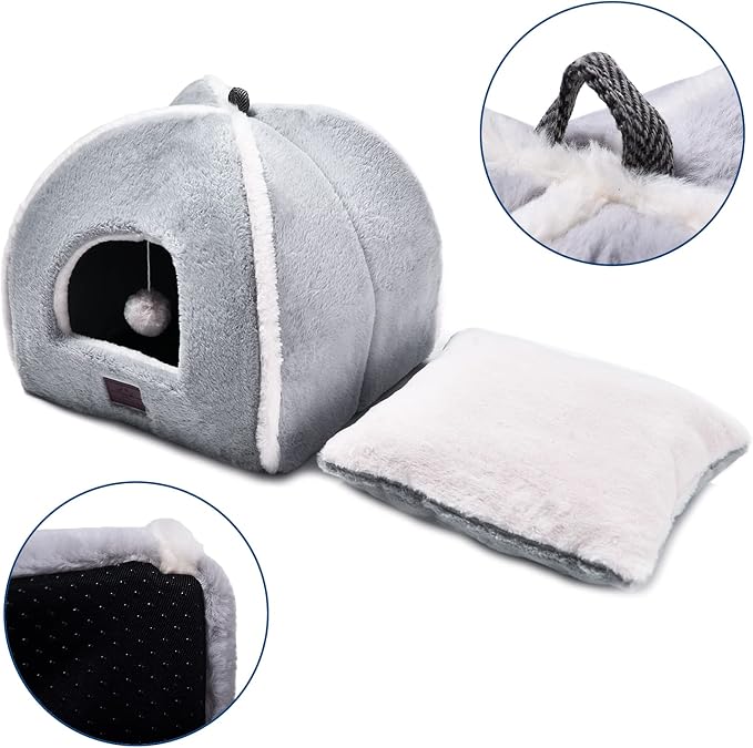 Cat Bed for Indoor Cats - Cat Cave Bed Cat House Cat Tent with Removable Washable Cushioned Pillow, Soft and Self Warming Kitten beds, Pet Bed（Large Grey） - Image 2