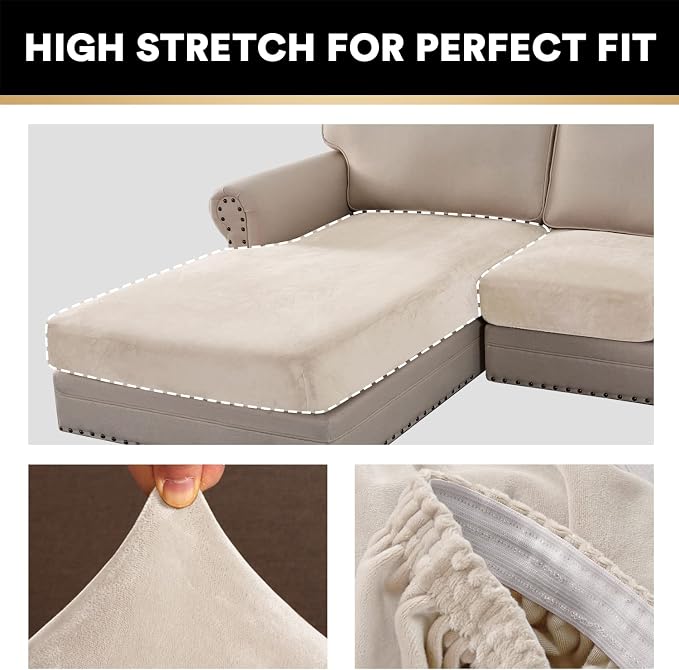 PrinceDeco Sectional Couch Covers 4 Pieces Couch Covers for Sofa Velvet Separate Couch Cover L Shape for Left/Right Chaise(3 Seater + 1 Chaise,Ivory) - Image 5