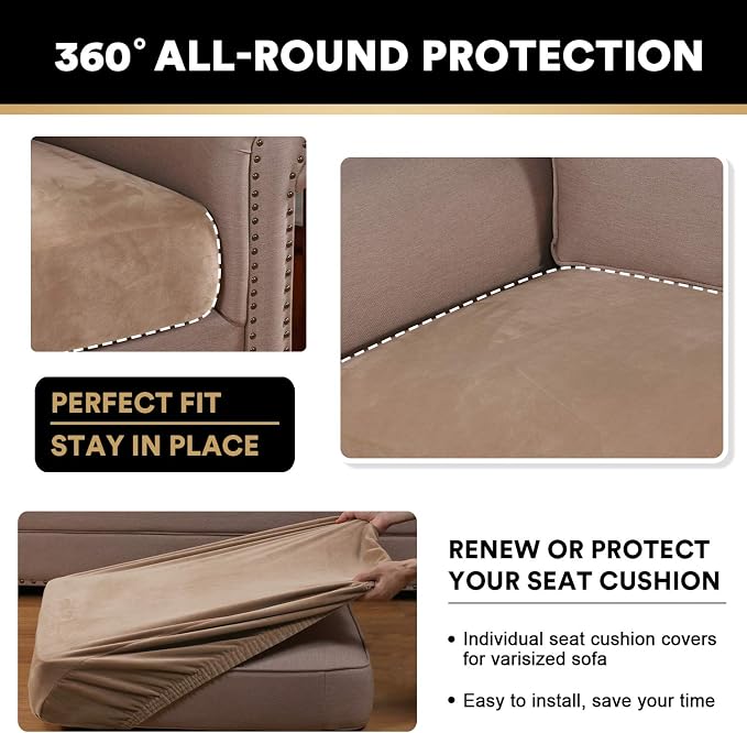 PrinceDeco Stretch Velvet Couch Cushion Cover,Soft Cushion Slipcover for Chair Cushion Furniture Protector Seat Cushion Sofa Cover Width Up to 29.5", Camel - Image 7
