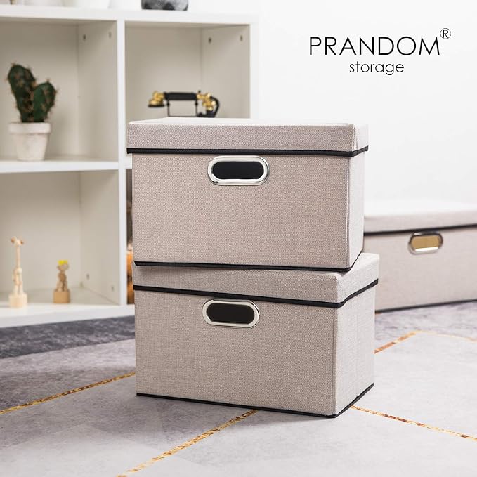 PRANDOM Foldable Storage Bin with Lid [5-Pack] Linen Fabric Decorative Storage Box Organizer Container Basket Cube with Handles Divider for Closet Office Living Room Light Grey(14.9x9.8x9.8) - Image 2