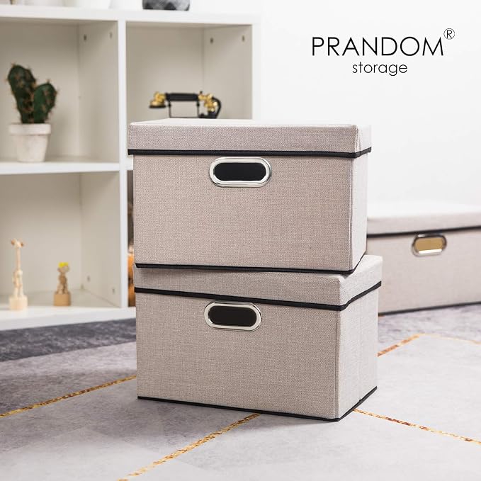 PRANDOM Foldable Storage Bin with Lid [1-Pack] Linen Fabric Decorative Storage Box Organizer Container Basket Cube with Handles Divider for Closet Office Living Room Light Grey(14.9x9.8x9.8) - Image 2