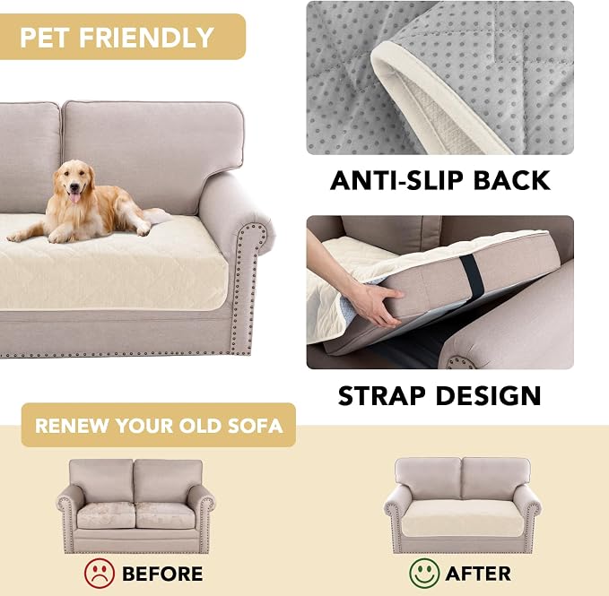 H.VERSAILTEX Couch Cover Chenille Pet Fuzzy Sofa Covers for 2 Cushion Couch Anti Slip Washable Sofa Slipcovers with Strap Soft Couch Protector Cover for Dogs Cats Kids(34.5" x 63", Ivory) - Image 4