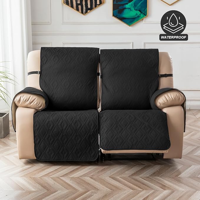 Genina Black Waterproof Loveseat Recliner Cover, Non-Slip, Sofa Cover for Reclining Couch 2 Seat, Washable Couch Cover Loveseat Furniture Protector Cover for Pets Dogs Kids - Image 8