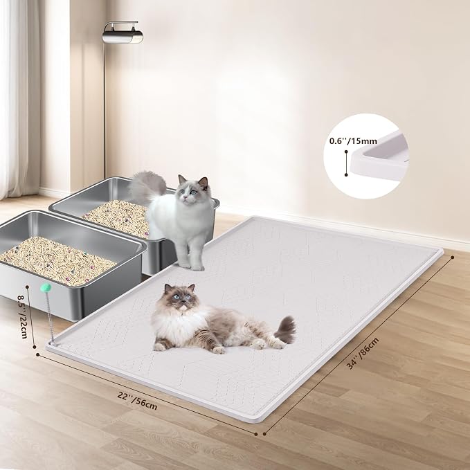 Silicone Cat Litter Box Mat 34'' x 22'' Cat Mat with Toy, White | Extra Large Litter Mat with lip, Non-Slip Waterproof Cat Litter Mat Litter Trapping Mat for Floor, Easy to Clean - Image 2