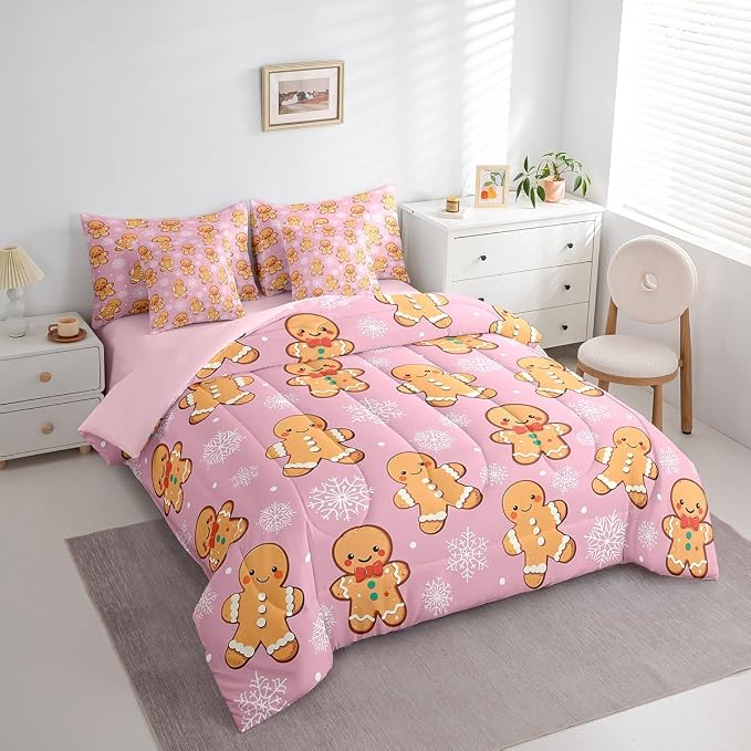 Erosebridal Christmas Gingerbread King Bedding Set 7 Piece,Cute Gingerbread Man Bed in A Bag,Xmas Snowflake Comforter Set Girls Sheet Set with Comforter,Pink Christmas Decoration - Image 4