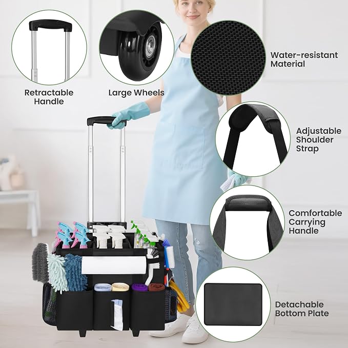 Large Rolling Cleaning Caddy with Detachable Trolley for Housekeeper | Large Capacity Cleaning Supply Organizer Bag with Wheels, Multiple Pockets, Water-resistant - Image 5