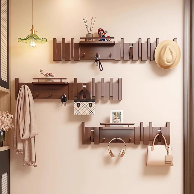 Wall Mounted Coat RackHooks Piano Key Hangers Natural Solid Wood Hanger Non-Woven Fabric Clothes Hangers for Closet, Kitchen, Bedroom, Bathroom, Entryway (Innovate-Walnut, 10 Hooks) - Image 3