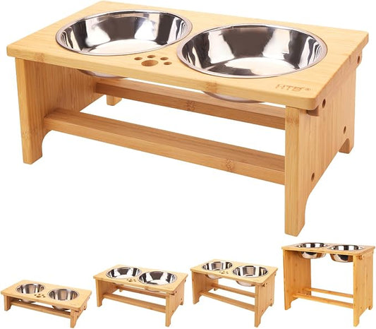 HTB Elevated Dog Bowl Stand with 2 Stainless Steel Bowls-7" H Medium Bamboo | Raised Dog Bowl Stand, 7"tall, 29 Oz Bowls, for Medium Sized Dogs, Pet-safe, Solid Bamboo by HTB