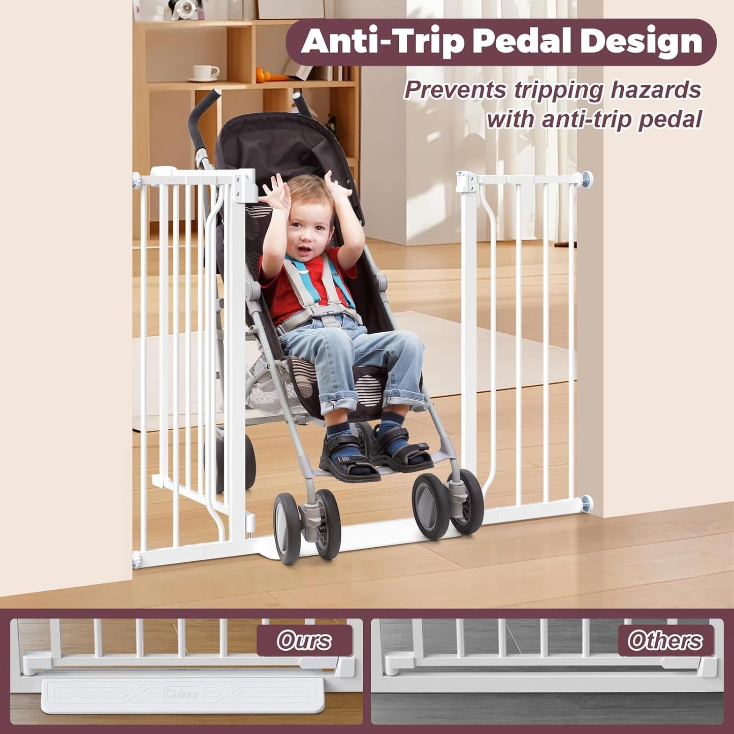 29"-45" Baby Gate for Stairs, Auto Close Stroller Friendly Dog Gate Indoor for Doorways, Pressure Mounted Baby Gate, Easy Walk Through Gate for Children & Pets, White