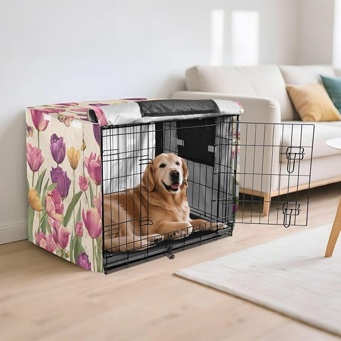Dog Crate Cover Kennel Cover for Dog Cages Breathable for Wire Cage Indoor Outdoor Vintage Beige Spring Tulips Butterflies - Image 6