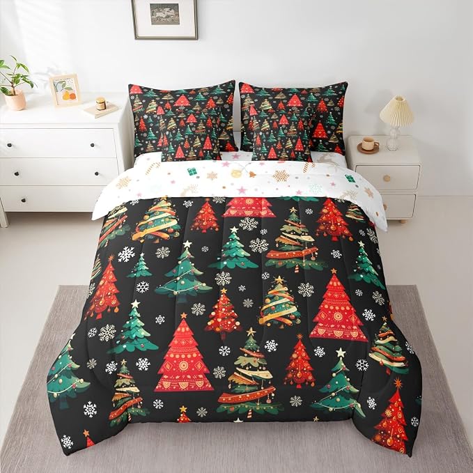 Erosebridal Black Christmas Bedding Set Full Red Green Christmas Tree Comforter Set 7 Piece Xmas Forest Pine Trees Bed in A Bag for Kids Boys Men Winter Xmas Snowflake Quilt with Flat Fitted Sheet - Image 3