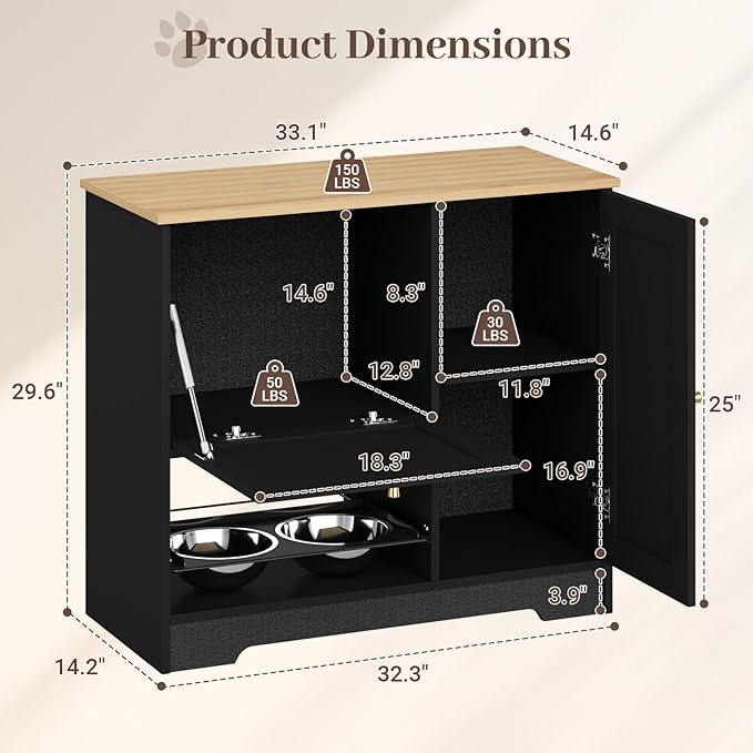 Rovibek Dog Feeding Station with with 2 Elevated Dog Bowls, Dog Food Storage Cabinet with with Storage and Hooks, Hidden Pet Feeder Station Wood for Cats and Dogs, Black - Image 2