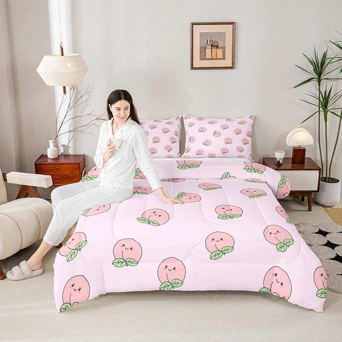 Erosebridal Peach Comforter Set Queen for Girls Women Kids Cute Cartoon Red Fruit Printed Reversible Bedding Set Kawaii Decor Soft Warm Quilt Duvet Set Pink Nature Plant Comforter - Image 4