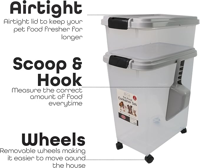 DIVCHI 3-Piece Airtight Pet Food Storage Container With Plastic Measuring Scoop Treats For Pet Dog Cat Animal Dry Food Dispenser With Casters Wheels (GREY) - Image 4