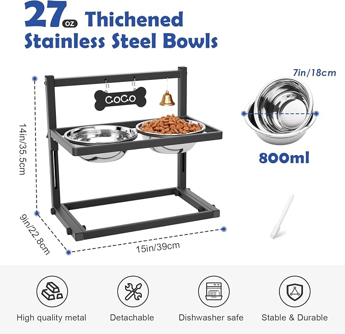 Elevated Dog Bowls for Medium and Small Dogs, 5 Height Adjustable & 2 Stainless Steel Bowls 800ml/27oz, Raised Food Dog Water Stand - Image 4