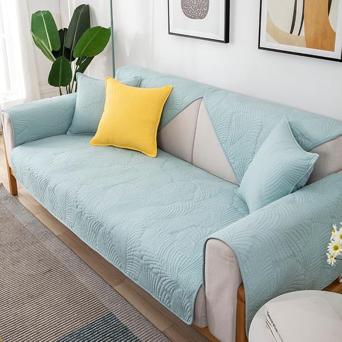 Solid Color Leaf Cotton Quilted Sofa Covers Anti-Slip Soft Sectional Couch Cover Washable Sofa Slipcover for Dogs Cats Pet (Blue,36''x82'') - Image 3
