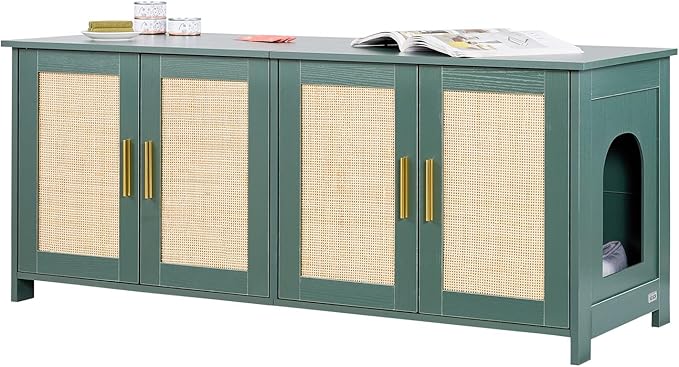 VEVOR Cat Litter Box Enclosure for Multi Cats, 47.2 in Hidden Litter Box Cabinet with 4 Rattan Doors & 2 Entries, Indoor Cat Washroom, Wooden Kitty House Furniture, Fit Most Litterboxes, Green by VEVOR