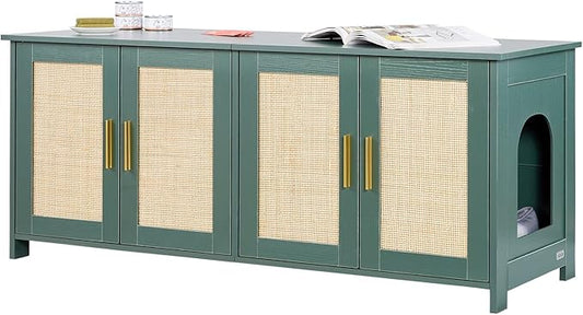 VEVOR Cat Litter Box Enclosure for Multi Cats, 47.2 in Hidden Litter Box Cabinet with 4 Rattan Doors & 2 Entries, Indoor Cat Washroom, Wooden Kitty House Furniture, Fit Most Litterboxes, Green by VEVOR