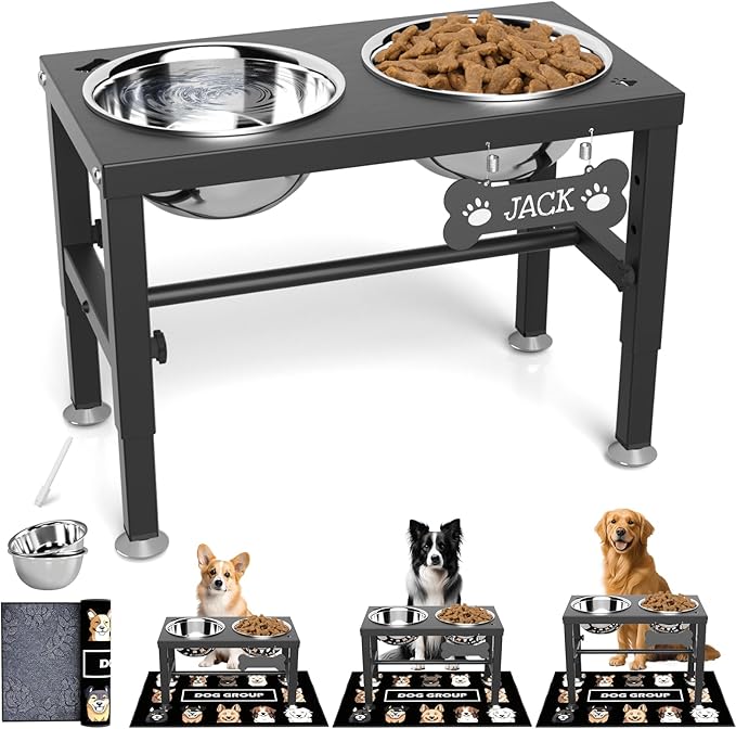 SHAINFUN Elevated Dog Bowls with Mat for Medium Large Dogs, Raised Dog Bowl Stand with 2 Stainless Steel 58oz Bowls, Tall Dogs Food Water Bowl Holder by SHAINFUN