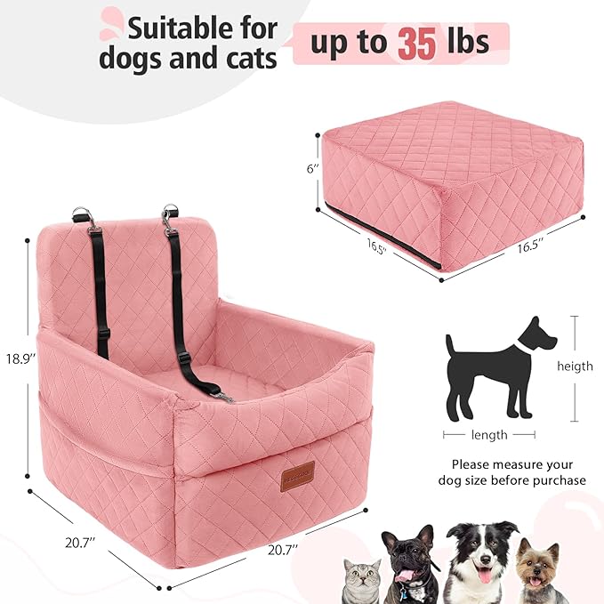 Dog Car Seat for Small Medium Dogs, Memory Foam Puppy Dog Booster Seat with Thick Cushion for Dogs Under 35lbs, Detachable Washable Pet Car Seat Travel Bed with Storage Pockets,2 Safety Belts