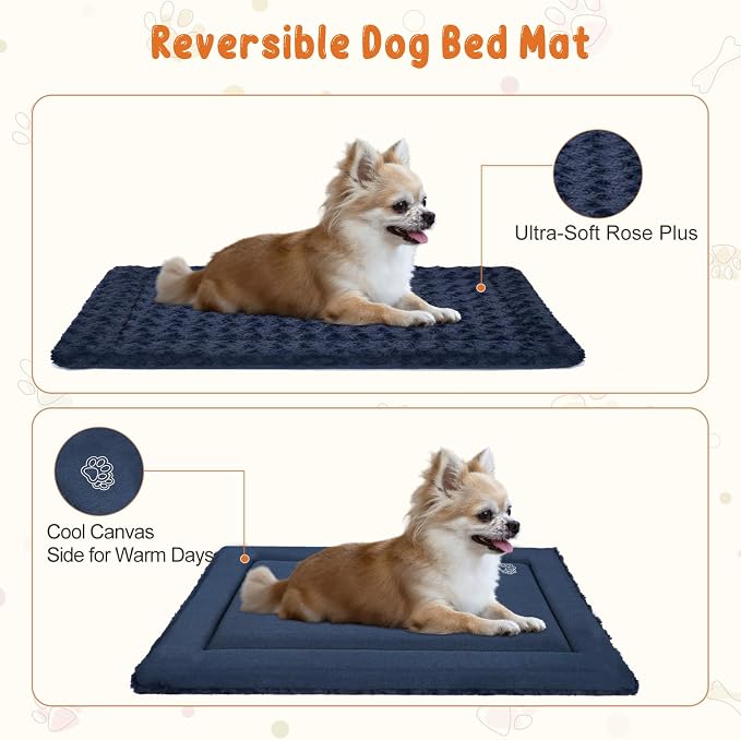 EMPSIGN Dog Crate Pad for 54"x37" Dog Crate, Plush/Canvas Navy | Reversible Kennel Mat (Cool & Warm), Machine Washable, Cozy Plush Sleeping Pad, All-Season Pet Bed - Image 3