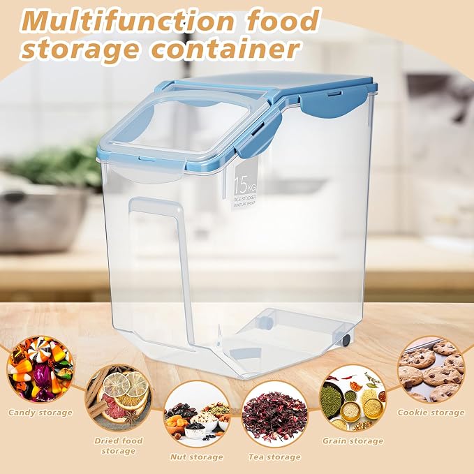Umigy 4 Pack Rice Storage Container With Wheels Plastic Airtight Lid Flour Container Bin for Dog Pet Cereal Grain Dry Food, 15 Liter / 30 lbs (Blue) - Image 4