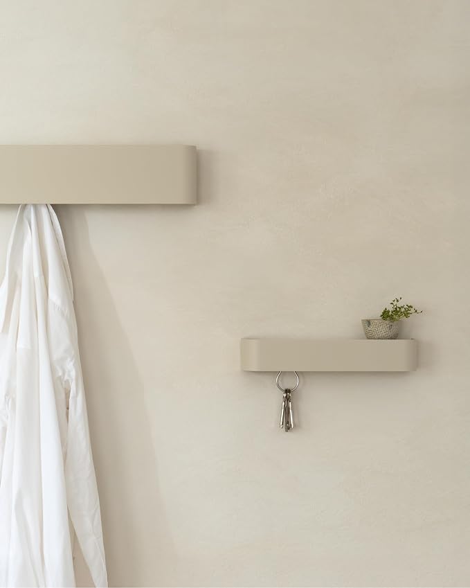 Kazai. Coat Rack Wall Mount with Shelf 'Tone' | Modern Design Coat Hanger with Hidden Hooks and Storage | Hat Rack with Shelf in Metal | Wall-Mounted Purse Organizer | Sand Taupe - Image 8