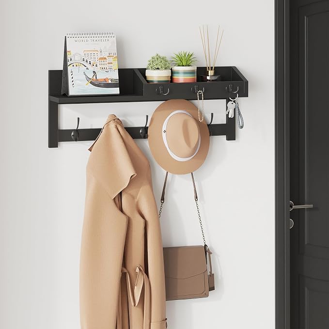 AMBIRD Wall Hooks with Shelf, 26.57 Inch Entryway Wood Coat Hooks for Wall, Coat Rack Wall Mount Rack with 5 Dual Hooks 3 Key Hooks Mail Organizer and Key Rack Key Holder (Black) - Image 5