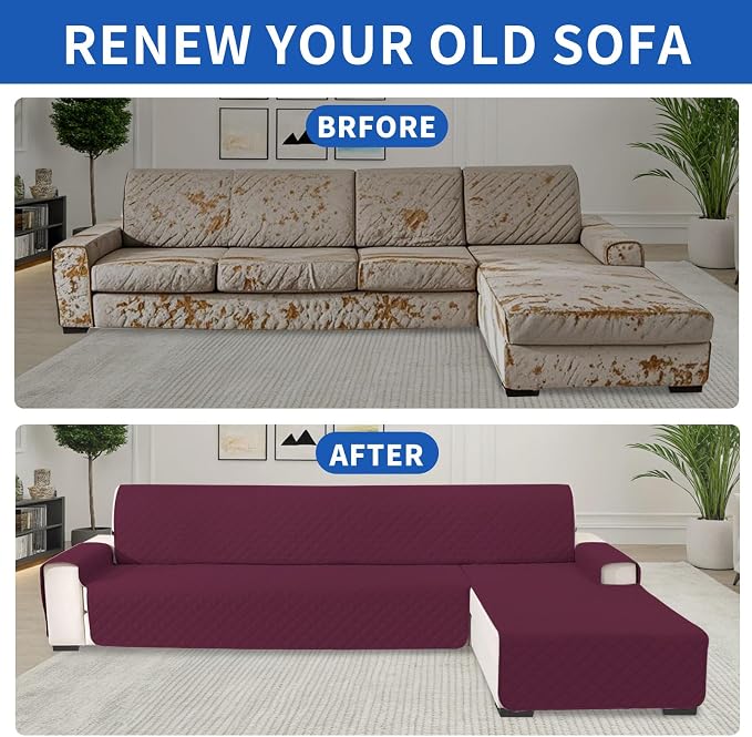 Waterproof Sectional Couch Covers for Dogs, Reversible L Shaped Couch Cover, Sectional Couch Covers L Shape for Pets Dog Cat, Quilted Sofa Covers Washable Sectional (Large, Burgundy) - Image 7