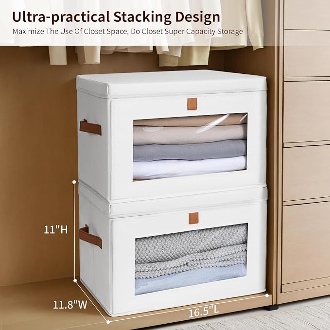 Homsorout Large Clothing Storage Bins - Collapsible Boxes with Handles & Window, Decorative Organizer Bins with Lids, Fabric Containers for Living Room, Dorm, 6 Pack, White - Image 3
