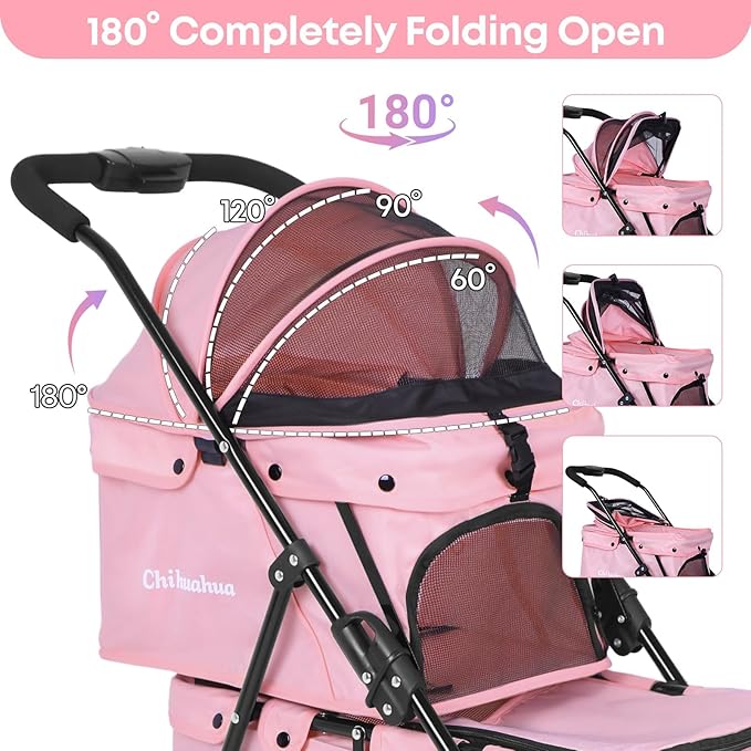Double Pet Stroller for Dogs and Cats,Cat Strollers for 2 Cats,Double Dog Stroller for 2 Small Medium Dogs,4 Lockable Wheels/Lightweight/Folding,Pink