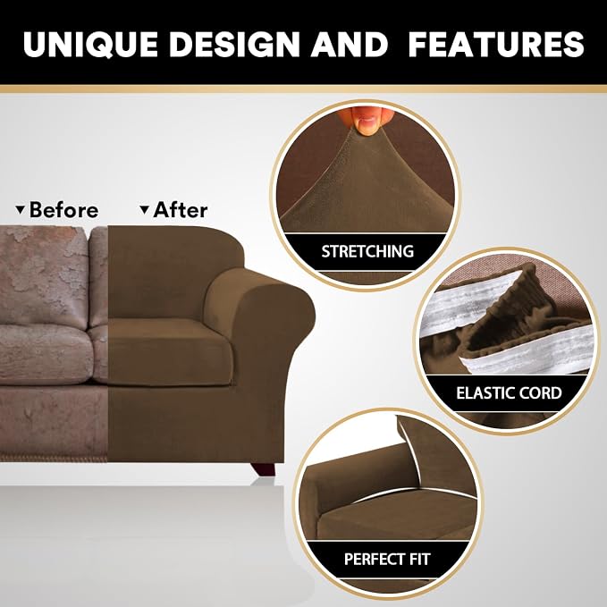 PrinceDeco Velvet Couch Covers for Sofa Soft 4 Pieces Couch Covers for 3 Cushion Couch Sofa Pet Friendly Furniture Protector with Non Slip Elastic Bottom Width Up to 90 Inch (Large, Bronze Brown) - Image 3