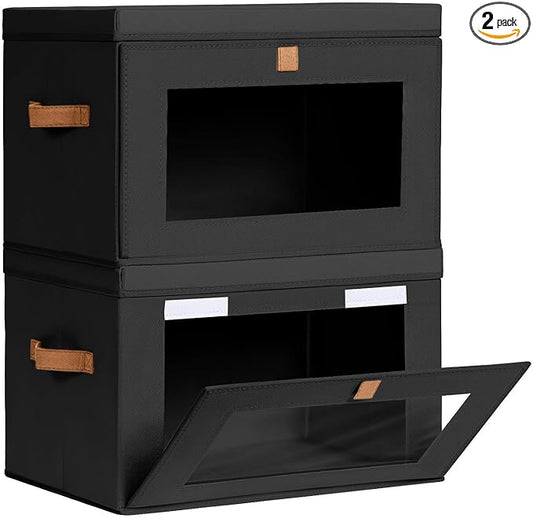 Homsorout Collapsible Storage Bins - Large Stackable Organizer Bins, Decorative Boxes with Handles & Window, Fabric Containers for Living Room, Closet, Dorm, 2 Pack, Black by Homsorout