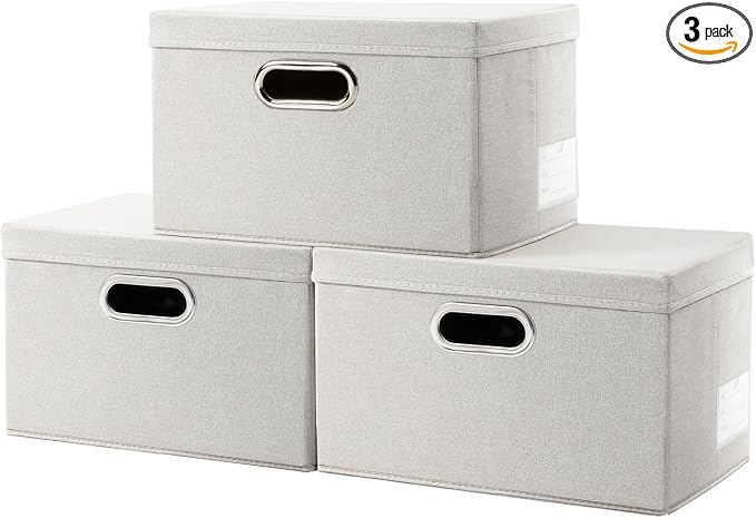 PRANDOM Storage Bins with Lids [3-Pack] Linen Fabric Foldable Storage Boxes Organizer Containers Baskets Cube with Cover for Bedroom Closet Office Beige（11.4X8.6X6.7 by Prandom