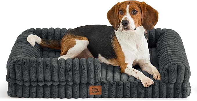 ChiXnuggle Faux Fur Orthopedic Dog Bolster Bed, Waterproof Washable Cover | rectangular dog sofa couch,egg crate foam,non-slip bottom,for large dogs,dark grey,35*28*7 by SnuggleUpPawsDown