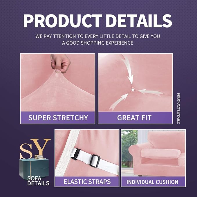 ZNSAYOTX Luxury Velvet Sofa Cover 3 Piece (57"-70") Stretch Loveseat Covers for 2 Cushion Couch Thick Soft Couch Slipcover with Non Slip Strap, Dog Pet Friendly Nice Furniture Protector (Rose) - Image 4