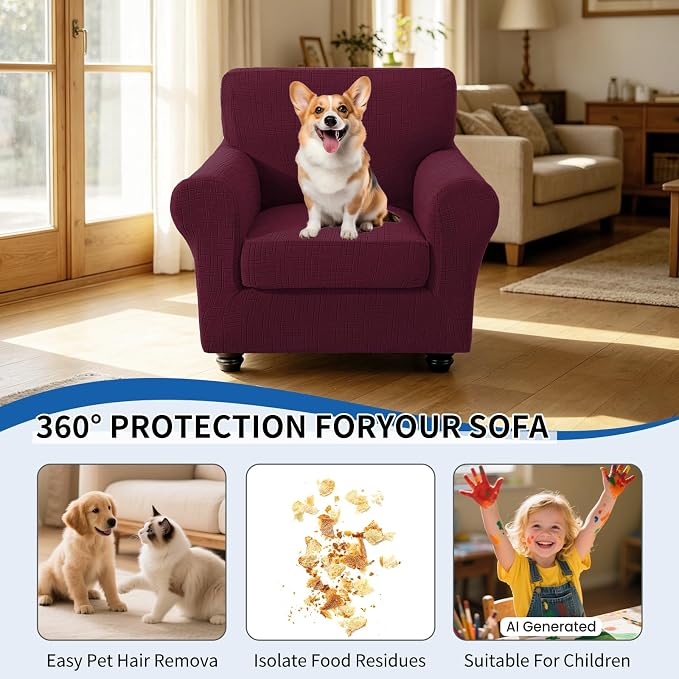 CYCMCAO Stretch 2 Piece Armchair Covers, Non Slip Chair Covers Armchair, Sofa Covers for Pets Washable with Elastic Bottom, Couch Slipcover for Kids, Dogs (Burgundy), 31"-46" (1 Cushion) - Image 5