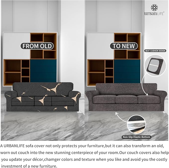 URBANLIFE 4-Piece Stretch Sofa Covers for 3 Cushion Couch, Charcoal Gray | Super fitted spandex slipcovers for couches. Non-slip elastic bottom. Machine washable furniture protector for kids & pets. - Image 5