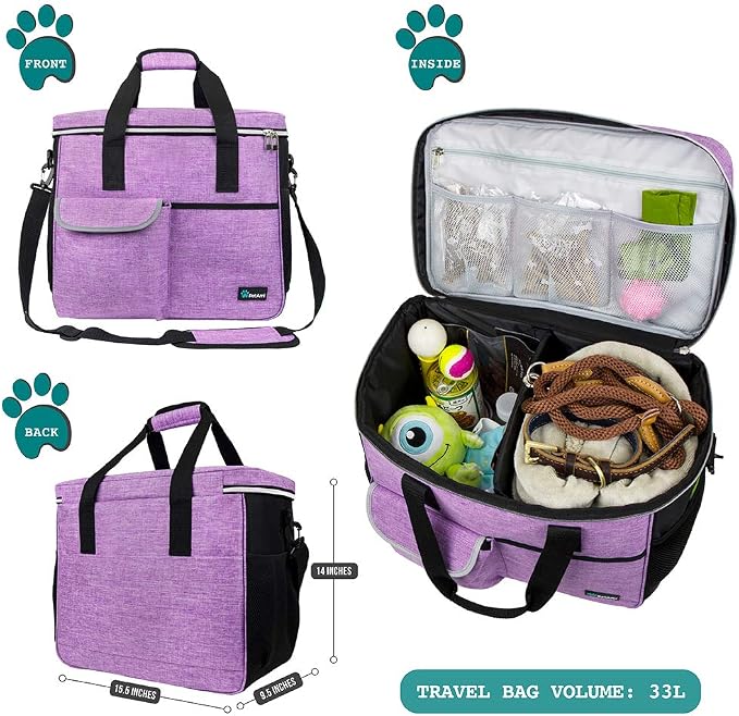 PetAmi Dog Travel Bag Organizer, Pet Travel Kit with 2 Food Containers & 2 Collapsible Dog Bowls, Pet Supplies Tote with Luggage Sleeve, Weekend Road Trip Camping Essentials, Purple, Large - Image 2