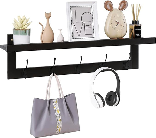 SMIBUY Coat Hooks with Shelf Wall-Mounted, 29.2 Inch Entryway Coat Rack for Wall, Bamboo Hanging Shelf with 5 Double Metal Hooks for Bathroom, Bedroom, Kitchen, Living Room, Mudroom (Black) by SMIBUY