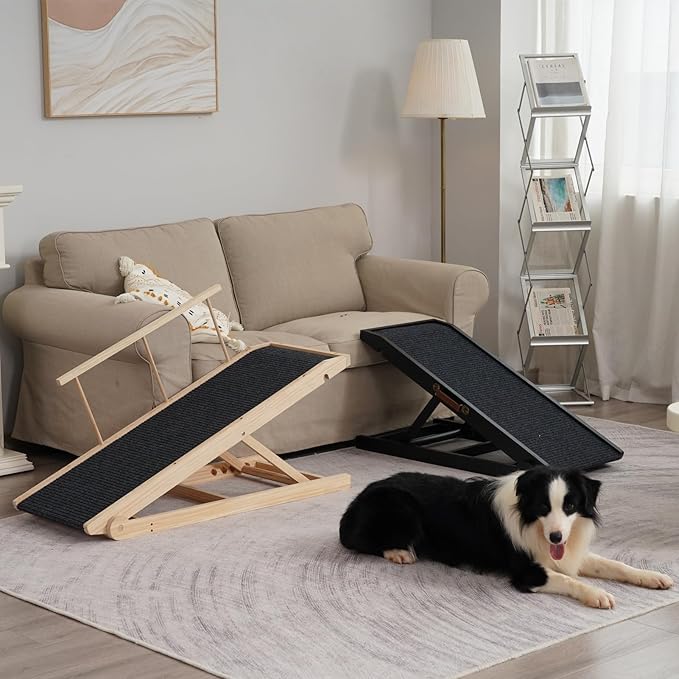 Dog Ramp for Bed Couch - Pet Steps Stairs to Get on Bed Couch 11.8"-27.5" High for Small or Large Dog Up to 200 lbs, Adjustable Wooden Dog Ramp Steps Foldable Portable, Anti-Slip Carpet (L-Natural)