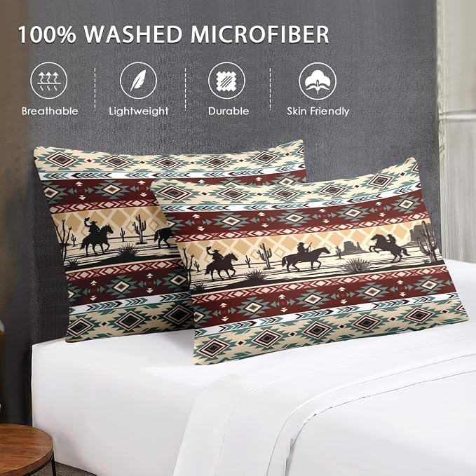 WeCozy Full Size Bed Sheet Sets with Pillowcases, Tribal Cowboy Horses 4 Pcs Soft Microfiber Bedding for Kids and Adults, Retro Vintage Western Flat, Fitted Sheet for Bedroom Bed Decor - Image 7