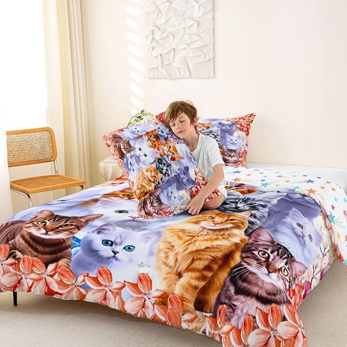 Feelyou Kids Cat Comforter Set Cute Pet Cats Bedding Set for Boys Girls Cartoon Animal Comforter Red Floral Cat Lover's Decor Quilt with 2 Pillowcases 3Pcs Bedding Queen Boys - Image 2