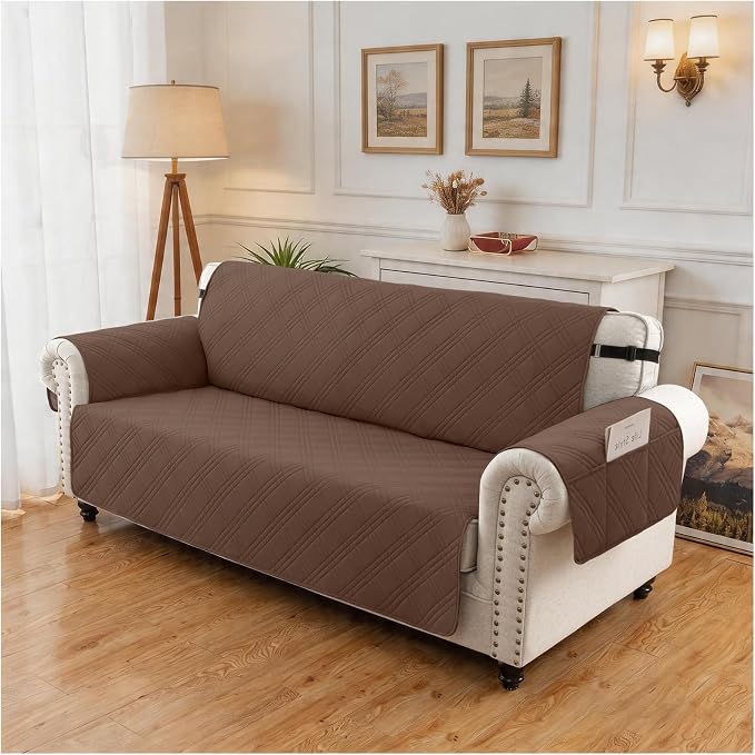 100% Waterproof Couch Cover for Dogs, Washable Anti-Slip Sofa Cover with Elastic Straps & Side Pockets, Quilted Furniture Protector for Kids & Pets (3 Cushion 68", Darkbrown) - Image 8