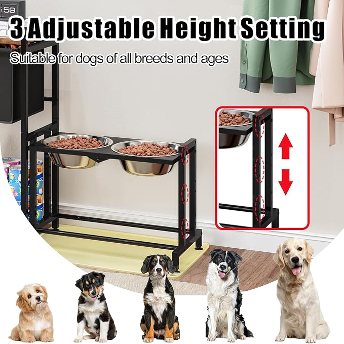 INGIORDAR Dog Bowls Elevated 3 Height Adjustable Feeding Station Storage | Metal Pet Food Feeder Dish Station Non-Slip Dog Bowl Stand Stainless Steel Food Water Bowl for Medium Large Small Dogs - Image 4